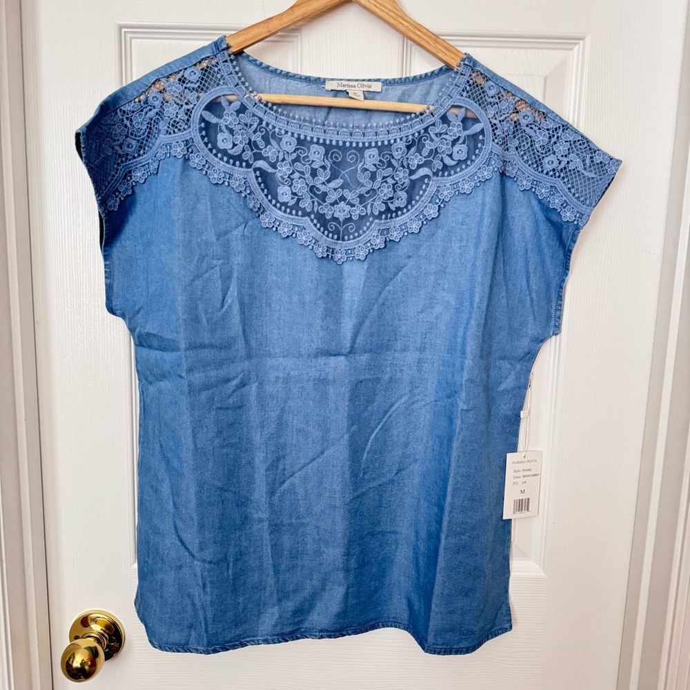 Marissa Olivia Lace Trim Chambray Top Sz M